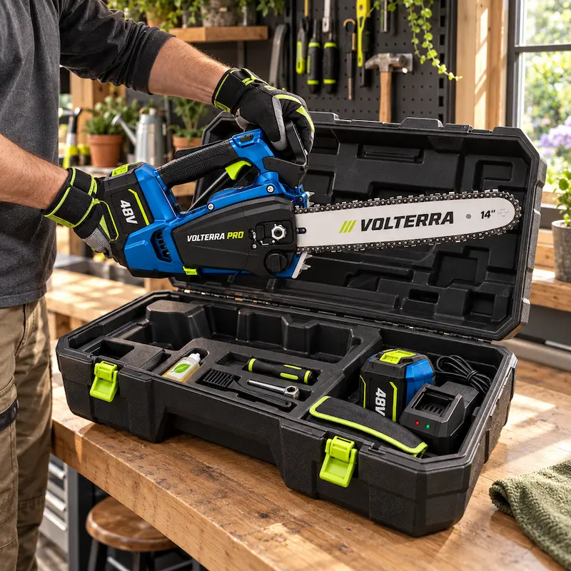VolterraPro in valigetta aperta con seconda batteria 48V, caricatore, olio e accessori in officina