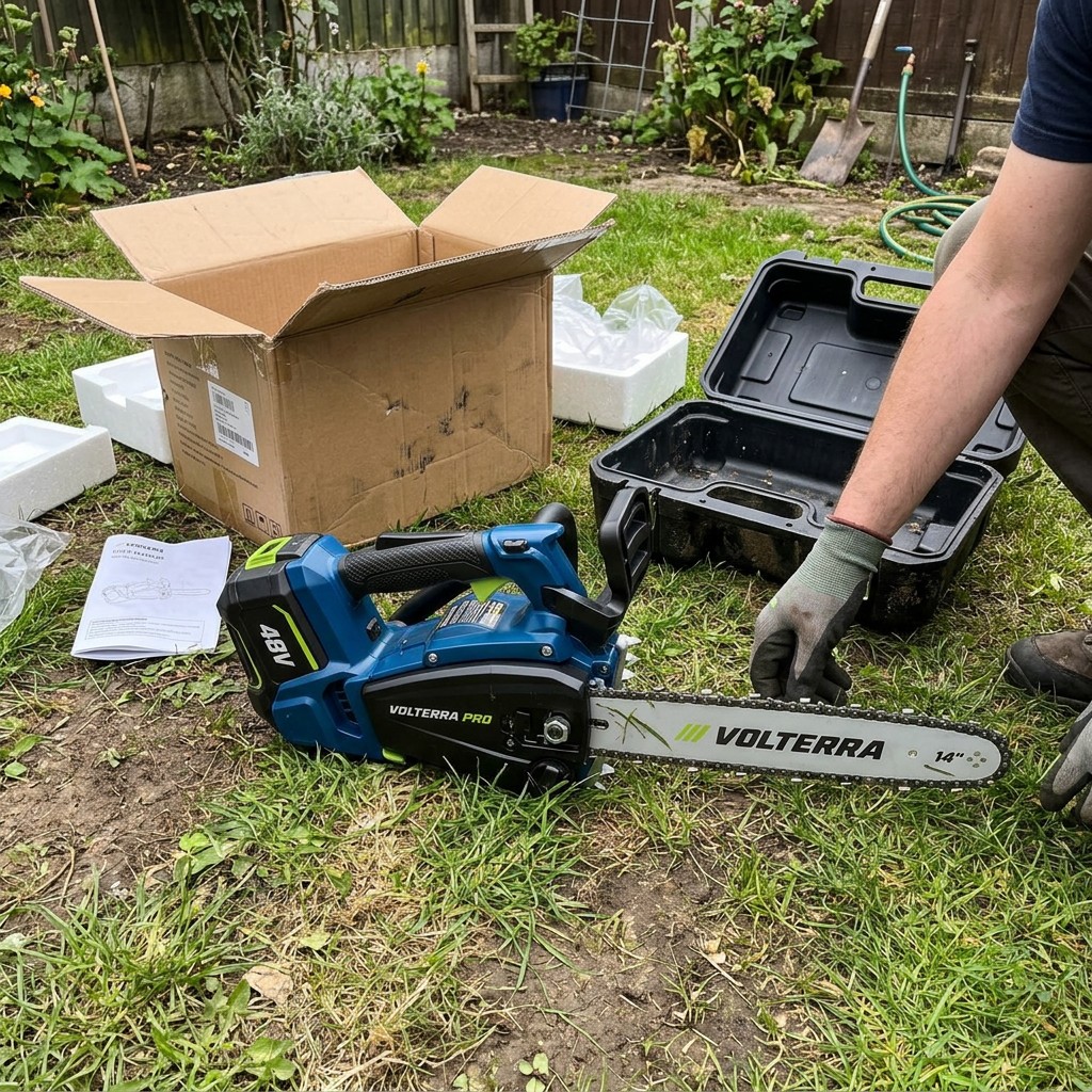 Luca S. apre il pacco VolterraPro in giardino — Cosenza